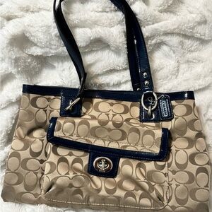 Coach Signature Beige and Dark Blue Shoulder Bag